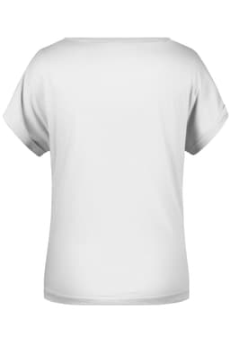 A plain white T-shirt with a relaxed fit and short sleeves, featuring a simple design and branding logo.
