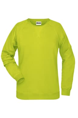 A bright lime green ladies' sweatshirt with a crew neckline and long sleeves, featuring a logo.