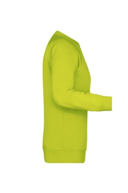 A bright green jumper with long sleeves, featuring a ribbed neck and cuffs, and a logo on the sleeve.