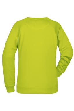 A vibrant lime green ladies’ sweatshirt featuring long sleeves and a rounded neckline, with a logo present.