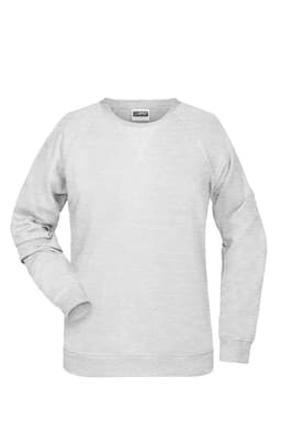 A light grey ladies' sweater with a classic crew neckline and long sleeves, featuring a logo.
