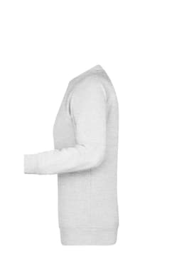 A light grey ladies' jumper with long sleeves and a round neckline, featuring a simple design and a logo.