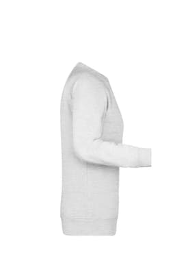 A grey ladies' sweater featuring a crew neck and long sleeves, displayed from the side. It has a subtle logo.
