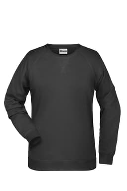 A black ladies' sweatshirt, featuring a crew neckline and long sleeves, presented with a plain design.