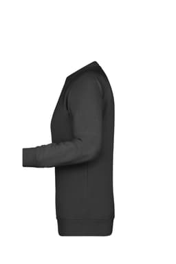 A black ladies' sweatshirt with a round neck and long sleeves, featuring a logo on the side.