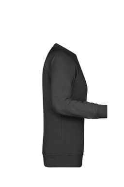 A black ladies' sweater displayed from the side, featuring long sleeves and a round neckline. It has a logo on the design.