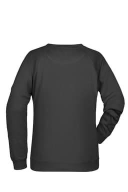 A black women's sweatshirt featuring long sleeves and a round neckline, with a logo on the back.