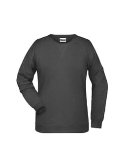 A dark grey sweatshirt with a crew neckline, ribbed cuffs, and a logo on the chest area.