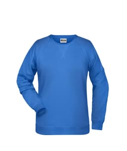 A blue ladies sweatshirt with long sleeves and a crew neckline, featuring a logo on the front.