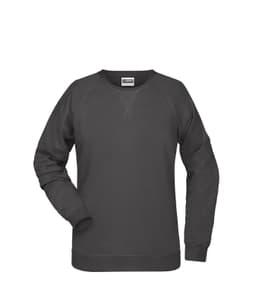 A dark grey ladies' sweater with a round neckline and long sleeves, featuring a logo on the front.