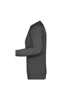 A grey ladies' jumper with long sleeves and ribbed cuffs, featuring a logo on the side.