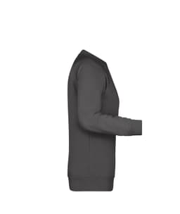 A grey ladies sweatshirt with a crew neck, displayed side view, featuring long sleeves and a ribbed hem.