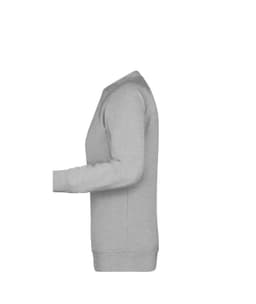 A grey ladies' sweatshirt features a crew neck and long sleeves. It includes a logo on the chest.