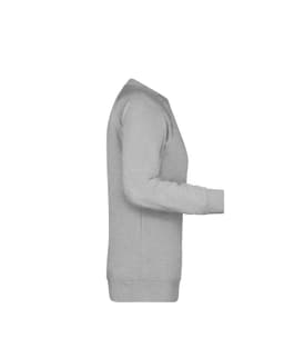 A grey ladies' sweatshirt with long sleeves and ribbed cuffs, featuring a simple design and a logo.