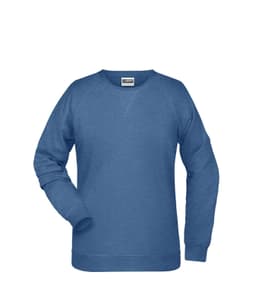 A blue ladies sweat jumper with a raglan sleeve design and a logo on the upper inside.