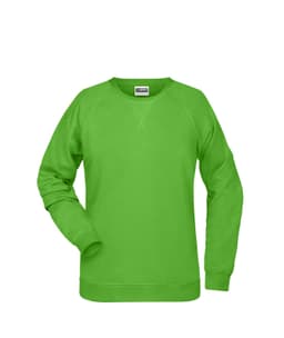 A bright green ladies' sweatshirt with long sleeves and a round neckline, featuring a plain design and a logo.