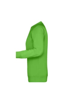 A green ladies sweatshirt displayed from the side, featuring a round neckline and long sleeves. It has a logo.