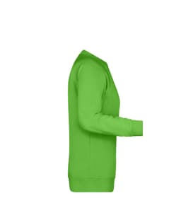 A green ladies' sweatshirt featured from the side, displaying long sleeves and a simple design. It has a logo.