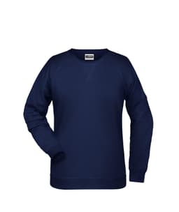 A navy blue women's jumper featuring a classic crew neck and long sleeves, with a logo on the label.