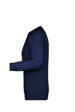 A navy blue ladies' sweater featuring long sleeves and a crew neckline, with a simple design and an unbranded logo.