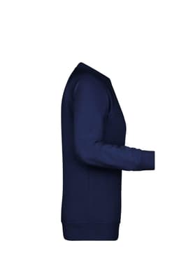 A navy blue ladies' jumper, featuring a classic crew neck and long sleeves, displayed from the side.