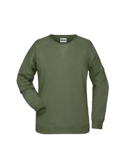 A green ladies' sweatshirt with a crew neck and long sleeves, featuring a logo on the chest.