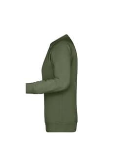 A green jumper with a crew neck and long sleeves, featuring a side view and fitted design.
