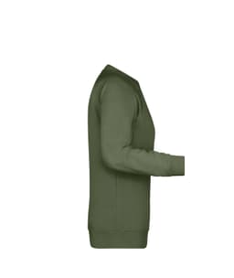 A green ladies' sweater with long sleeves and a crew neckline, featuring a logo on the side.