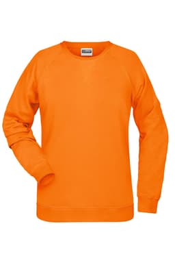 An orange women's jumper with a crew neck and raglan sleeves. It features a branding logo.