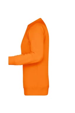 An orange sweatshirt with long sleeves and a round neck, featuring a logo.
