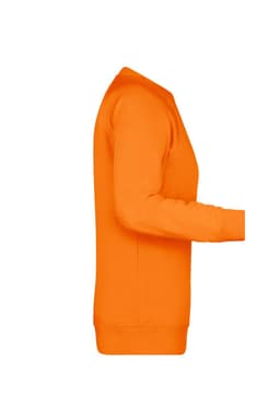 An orange ladies sweat jumper featuring a classic crew neck design and long sleeves. It has a logo on it.