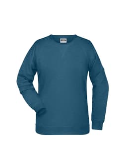 A blue ladies' sweatshirt with a round neckline and long sleeves, featuring a logo.