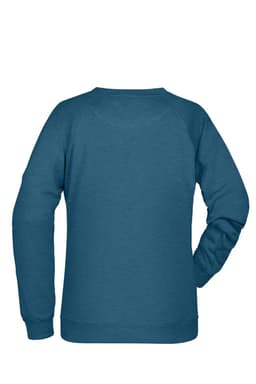 A teal ladies' sweatshirt featuring a simple design and long sleeves, with a logo on the back.