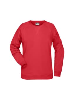A red ladies sweatshirt with a round neckline and long sleeves, featuring a logo on the front.