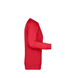 A red sweater features a classic design with long sleeves and a crew neckline. It has a branding logo.