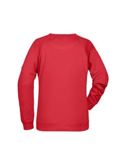 A red ladies' sweater featuring a crew neck and long sleeves, with a plain back and a logo on the bottom.