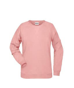 A pink ladies' sweatshirt with a relaxed fit and raglan sleeves, featuring a branding logo.