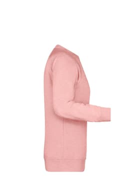 A pink ladies jumper features a simple design with long sleeves and a ribbed hem. It includes a logo.