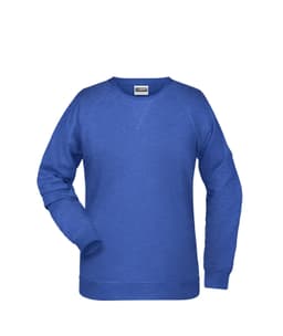 A blue women's sweatshirt with long sleeves and a crew neckline. The garment features a logo.