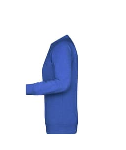 A blue ladies' jumper with a crew neck and long sleeves, featuring a plain design and a logo.