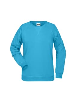 A vibrant turquoise sweatshirt with a crew neckline and long sleeves. It has a logo on the front.