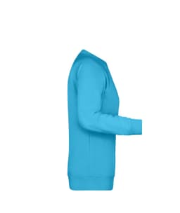 A blue sweatshirt with long sleeves, featuring a logo on the side.