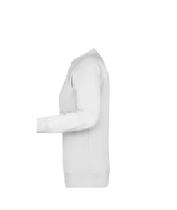 A white jumper with a crew neck and long sleeves, featuring a logo on the side.