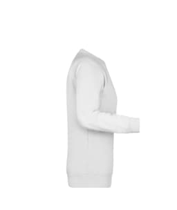 A white ladies sweater displayed from the side, featuring a classic design and ribbed cuffs.
