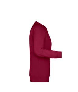 A burgundy ladies sweat jumper with a crew neckline and long sleeves, featuring a logo on the front.