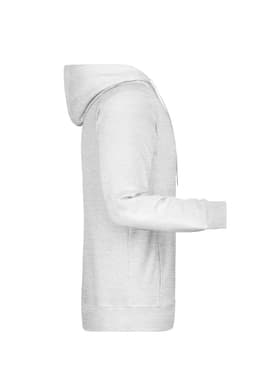 A light grey men's hoodie featuring a hood and long sleeves, displayed from the side. It has a logo on the garment.