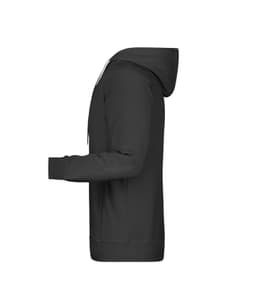 A black men's hoodie with a side view, featuring a hood and long sleeves. It has a logo on the front.