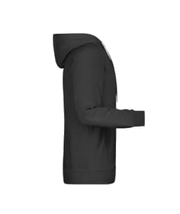 A black men's hoodie displayed from the side, featuring a hood and long sleeves. Branding is present on the garment.