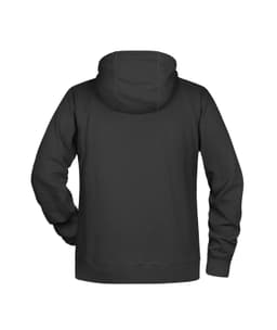 A black men's hoodie featuring a spacious hood and a comfortable design. It has a logo on the back.