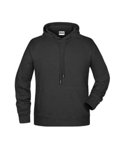 A men's hoodie in dark grey with a drawstring hood and a logo on the label.